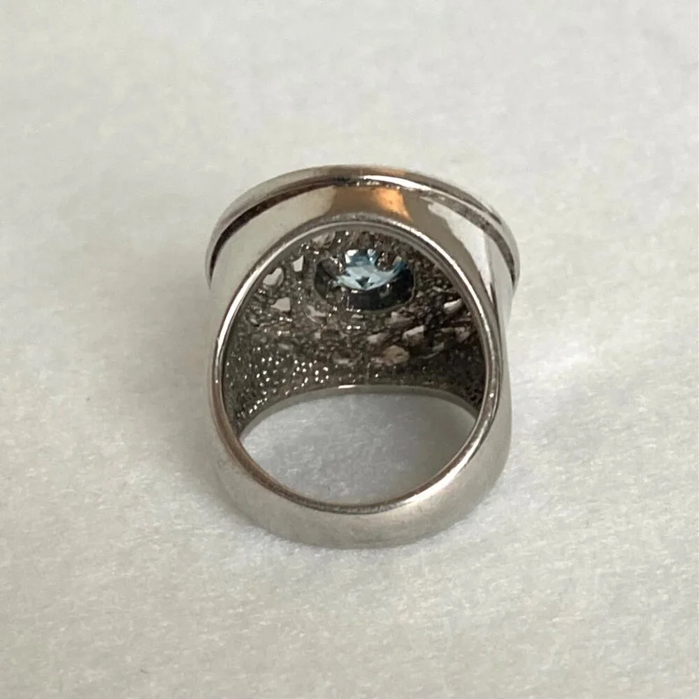 Sterling Silver 925 Round Blue Topaz Scrollwork Wide Band Statement Ring Sz 5.75